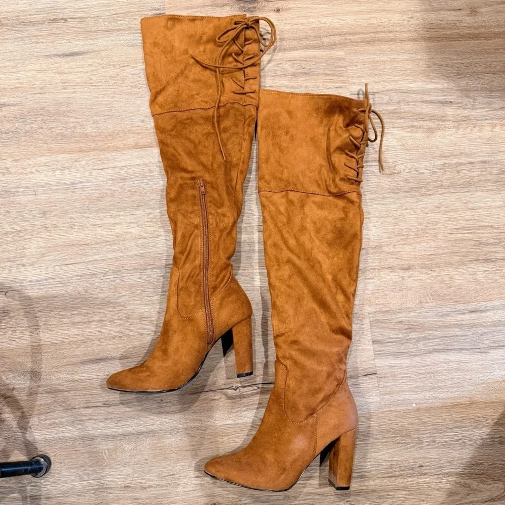 Francescas Over The Knee Brown Suede Heeled Boots